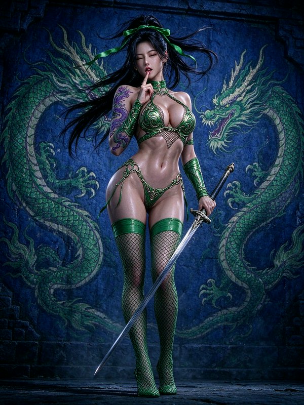Fantasy female warrior holding a longsword shushes, standing before a carved eastern dragon stone mural