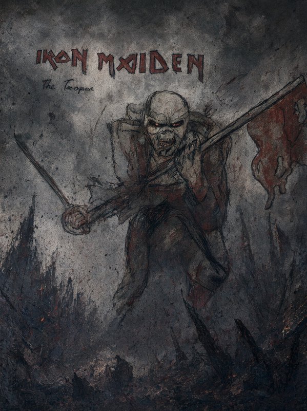 Undead Iron Maiden mascot Eddie charges across a ravaged battlefield holding a sword and tattered bloodied flag