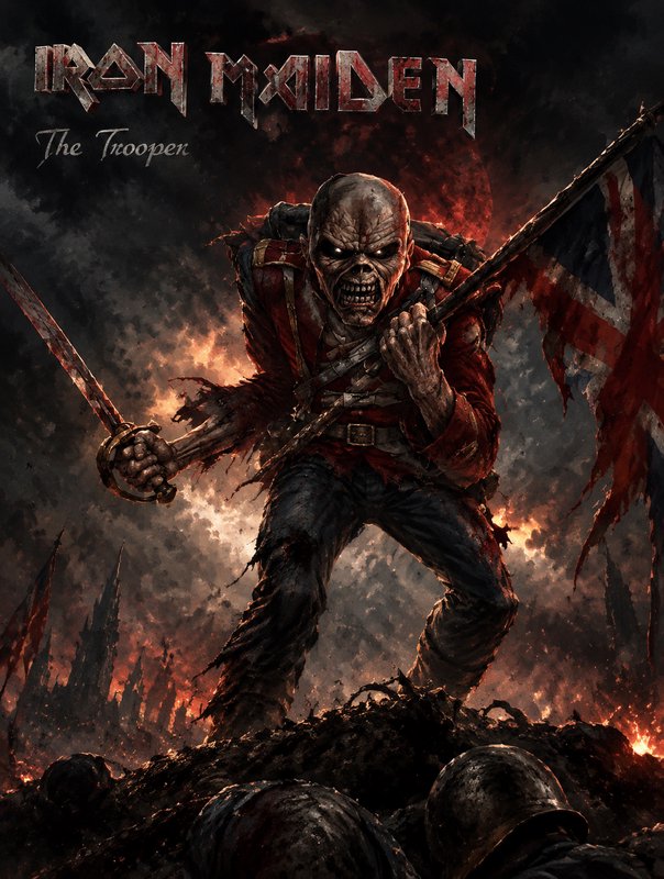 Iron Maiden mascot Eddie as The Trooper stands on a fiery battlefield holding a sword and tattered Union Jack