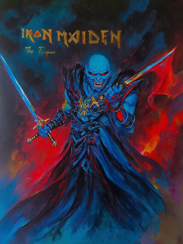 Menacing blue Iron Maiden Eddie brandishes two glowing swords against a swirling fiery dark backdrop