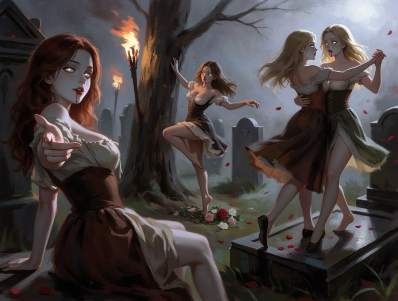 Glowing-eyed vampire women dance in a misty moonlit graveyard as one points at the viewer