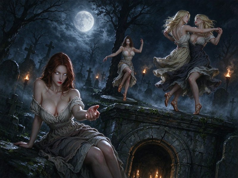 Red-haired vampire beckons as other vampire women dance in a misty full moon graveyard