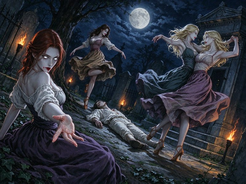 Vampire women dance in a moonlit graveyard, one reaching out to the viewer beside an unconscious man