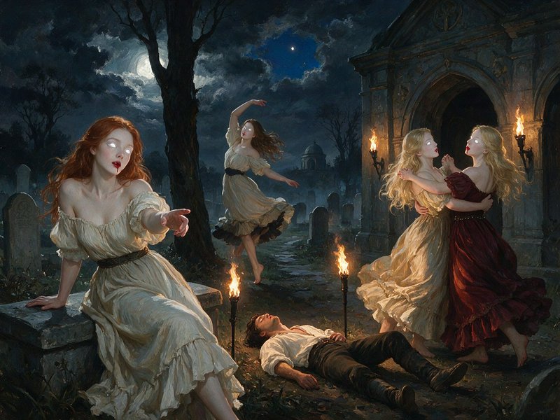 Glowing-eyed vampire women surround an unconscious man in a moonlit gothic graveyard