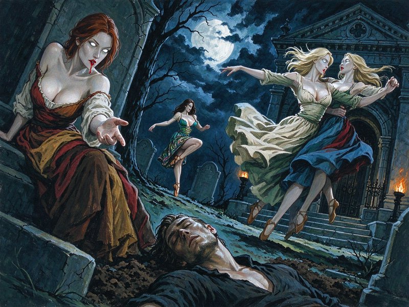Ethereal female vampire ballerinas surround an unconscious man in a moonlit gothic graveyard