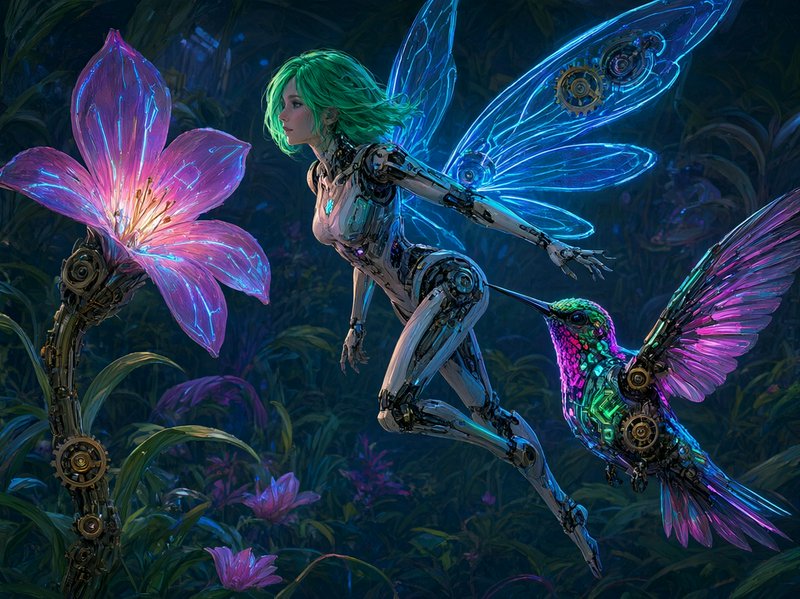 Cybernetic fairy with glowing blue mechanical wings floats beside a robotic hummingbird and neon lit giant flower in a dark