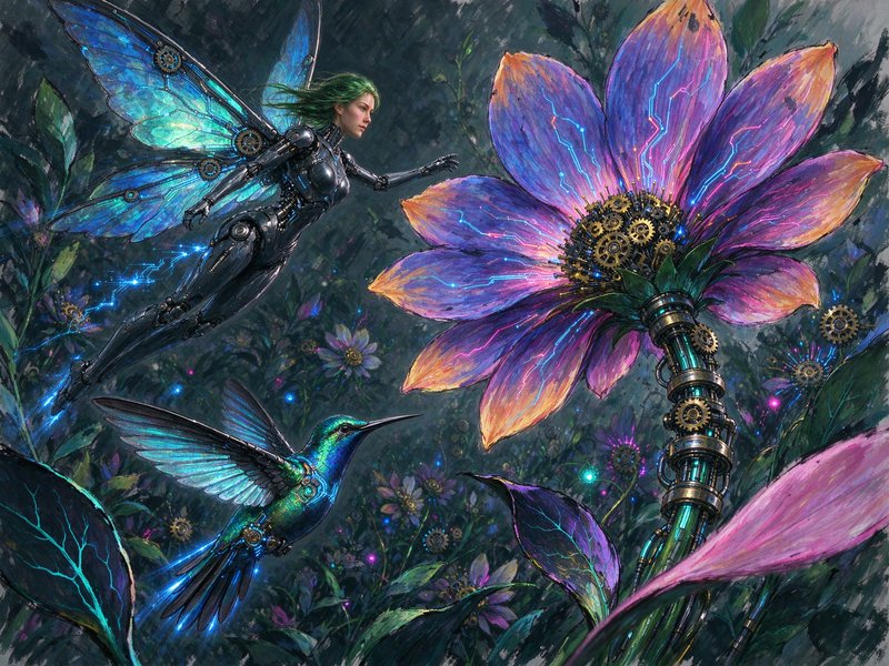Cyborg steampunk fairy and mechanical hummingbird hover near a glowing giant robotic flower in an enchanted dark garden