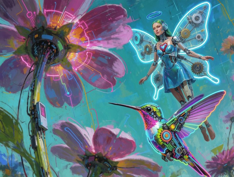 Cybernetic fairy floats beside a neon mechanical hummingbird and glowing robotic flowers