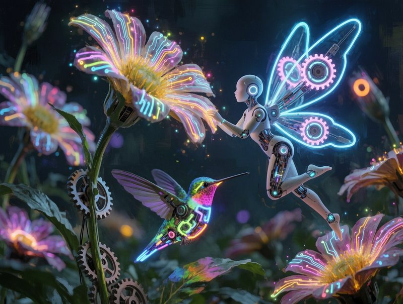 Winged robotic fairy touches glowing neon circuit flower beside a mechanical hummingbird in a futuristic enchanted garden