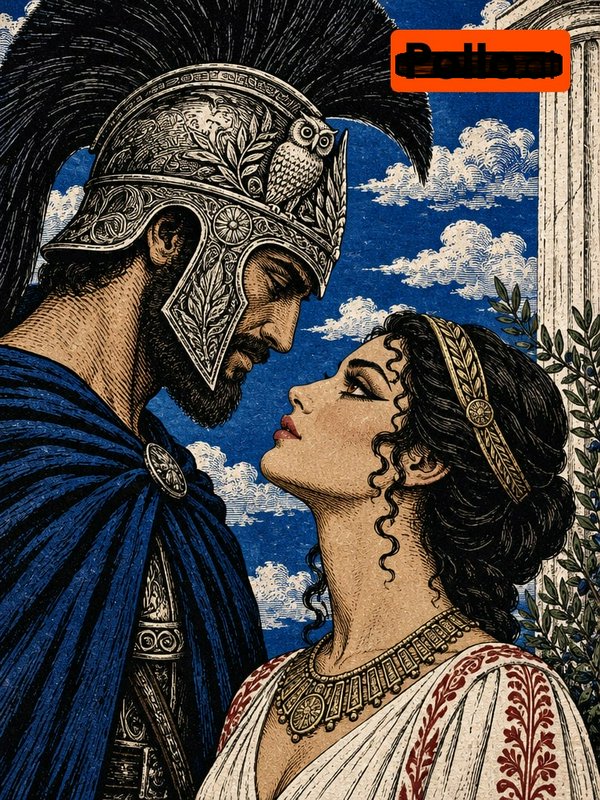 Wood engraving style illustration of Greek warrior and goddess gazing tenderly at each other under a bright blue sky