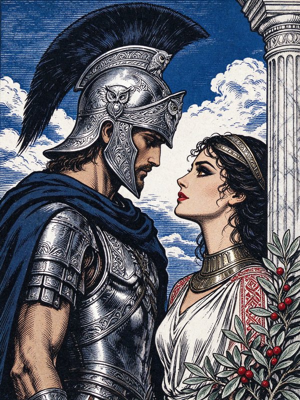 Armored ancient Greek warrior stands face to face with a robed mythological goddess beside a marble column