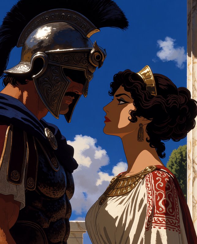 Armored ancient Greek warrior in plumed helmet faces a robed Grecian noblewoman under bright blue sky