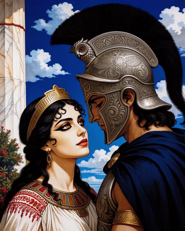 Greek goddess in a golden diadem stands face to face with an armored ancient Greek warrior under a bright blue sky