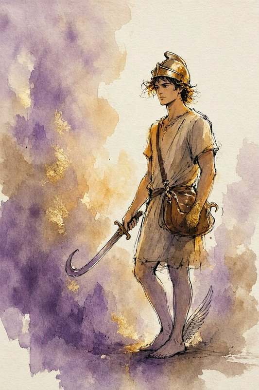 Greek god Hermes stands holding a curved sword, winged feet visible, in soft watercolor illustration