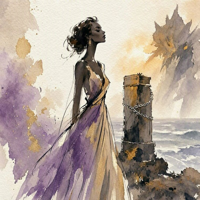 Elegant dark-skinned woman in a flowing purple and gold gown stands on a rocky seaside pier