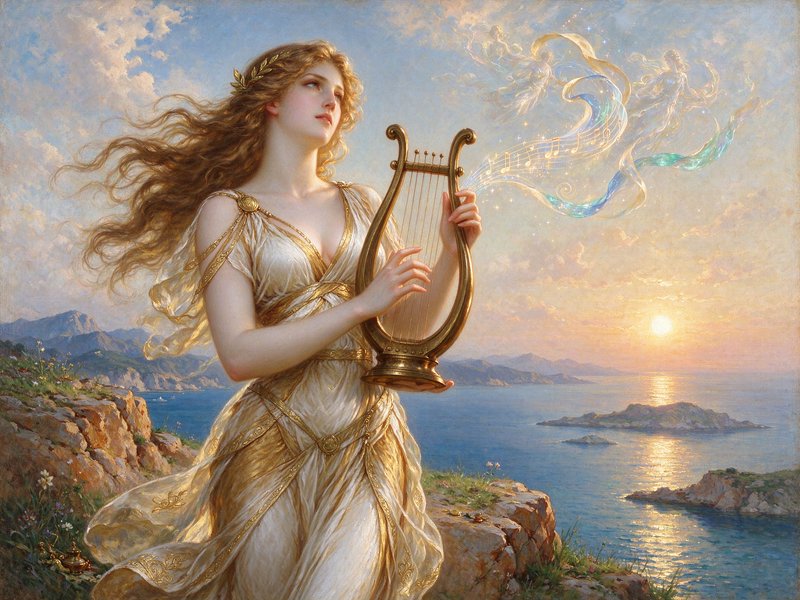 Graceful Greek muse plays a golden lyre atop a coastal cliff at glowing golden sunset