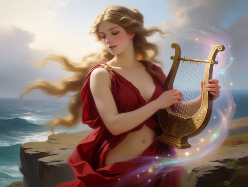 Mythic muse in a red gown playing a golden lyre on a sunlit coastal cliff with swirling magical sparkles