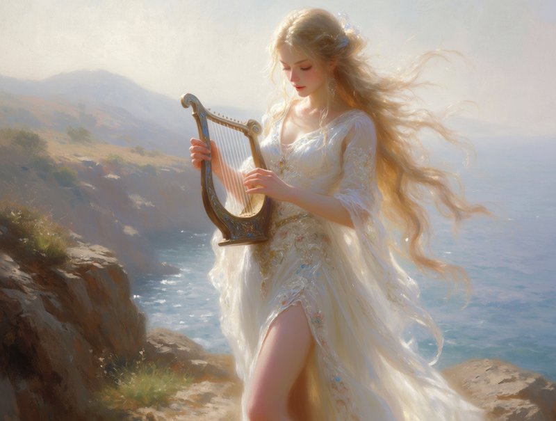 Ethereal blonde woman in a flowing gown plays a lyre on a sunlit coastal cliff overlooking the ocean