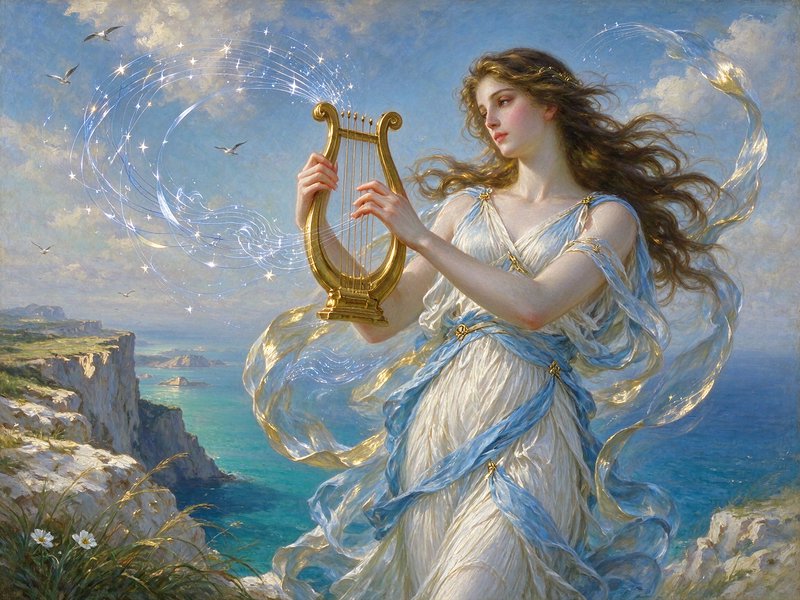 Ethereal mythic goddess plays a golden lyre atop a sunlit coastal cliff, glowing starry magic swirling around her