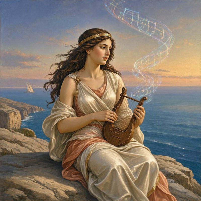 Greek mythic woman plays a lyre while seated on a rocky seaside cliff at golden sunset