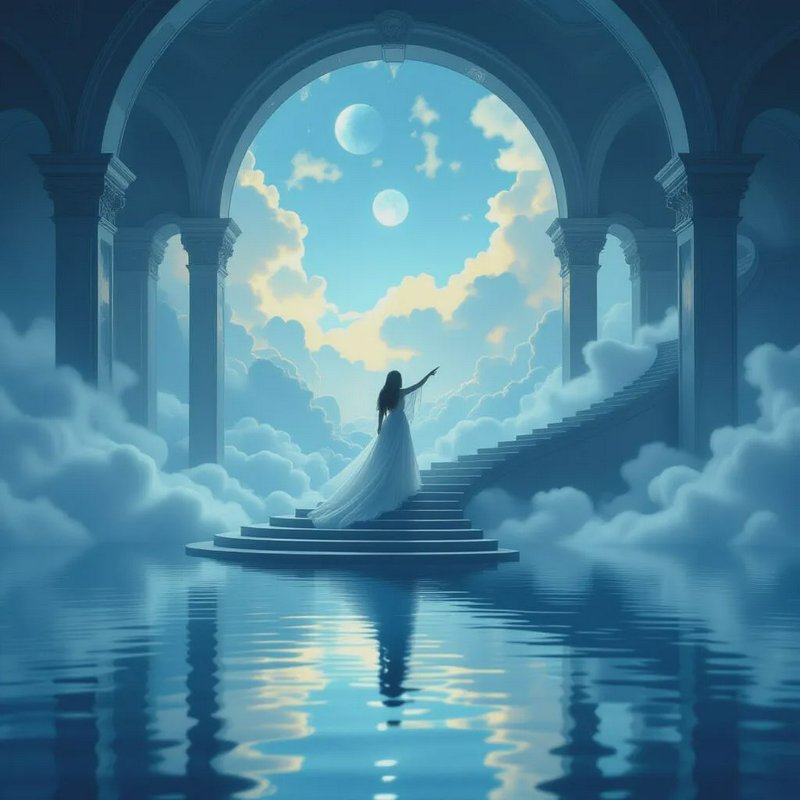 Silhouetted woman in a flowing gown stands on a celestial staircase pointing toward twin moons above a cloudy sky