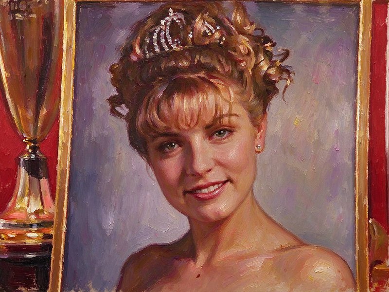 Impressionist oil portrait of a smiling blonde pageant queen wearing a sparkling jeweled tiara