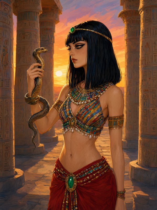 Cleopatra holding a cobra stands between ancient Egyptian temple pillars at golden sunset