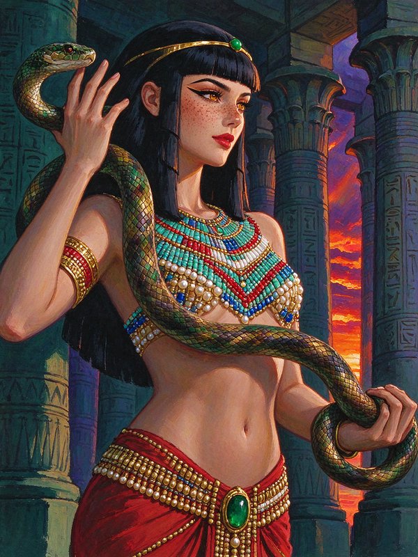 Stylized Cleopatra holds an iridescent cobra while standing in an ancient Egyptian temple at sunset