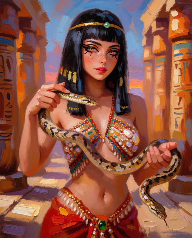 Stylized ancient Egyptian queen holding a python snake between carved temple pillars