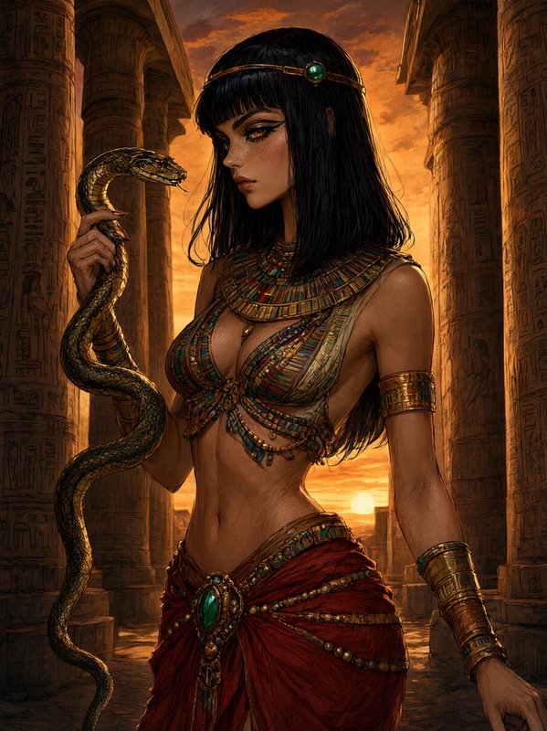 Regal ancient Egyptian woman holding a golden cobra stands in a stone temple at sunset