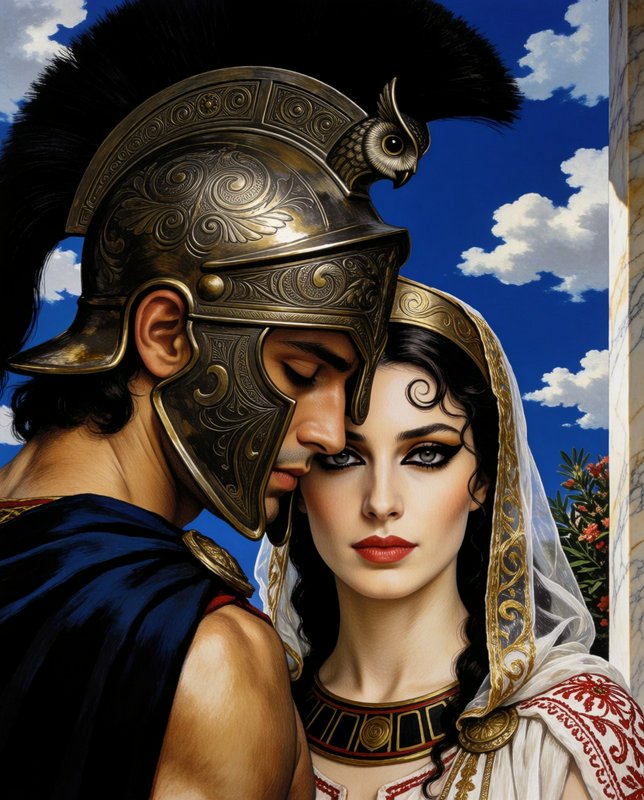 Ancient Greek warrior with an engraved bronze helmet leans tenderly against a robed goddess under...