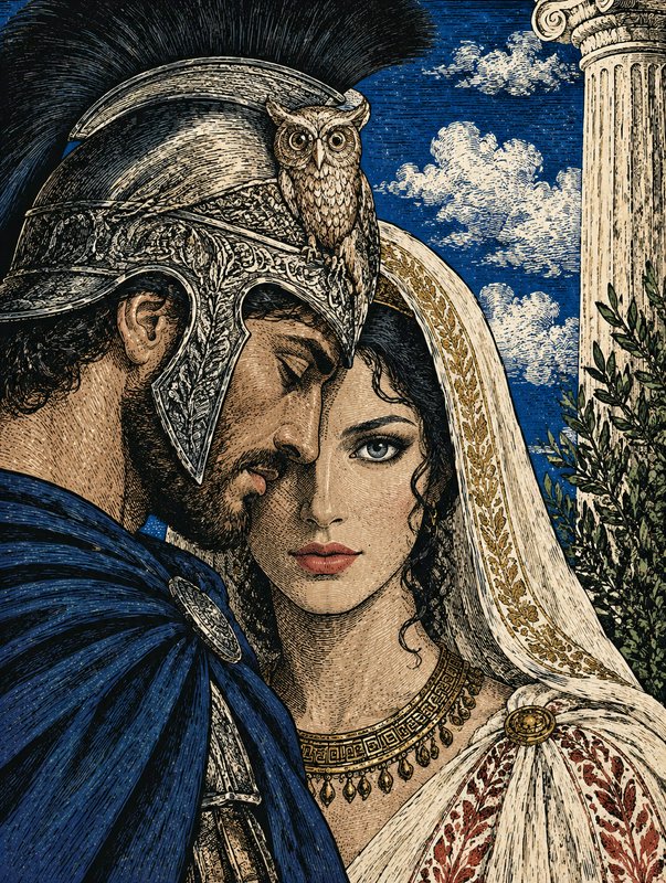 Ancient Greek warrior and robed goddess stand forehead to forehead, an owl perched on the warrior...