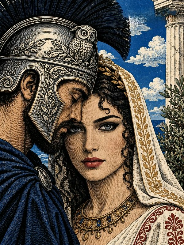 Intricate line art illustration of a Greek warrior and goddess posed tenderly against a Mediterra...