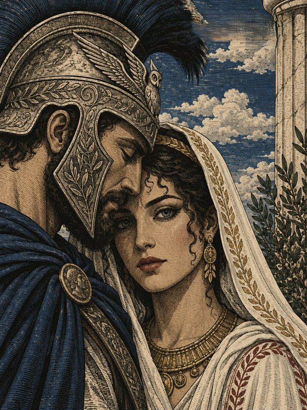 Bearded Ancient Greek warrior touches foreheads with a robed gilded goddess under a cloudy blue sky