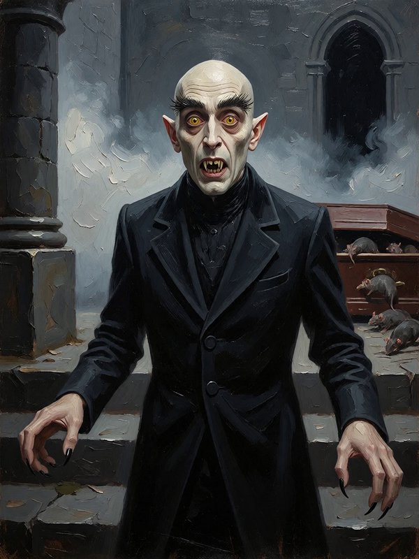 Bald pale Nosferatu vampire with sharp fangs stands in a foggy gothic crypt behind an open rat-fi...