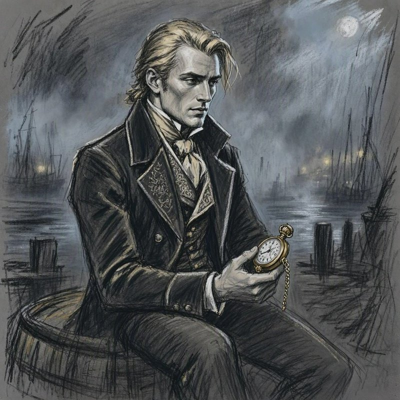 Blonde regency gentleman holds a gold pocket watch while sitting on a barrel at a foggy moonlit h...