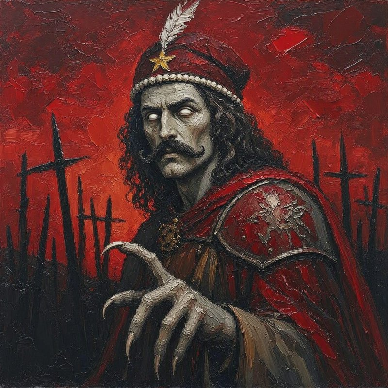 Undead Count Dracula with clawed hands stands before spiked stakes under a deep red sky