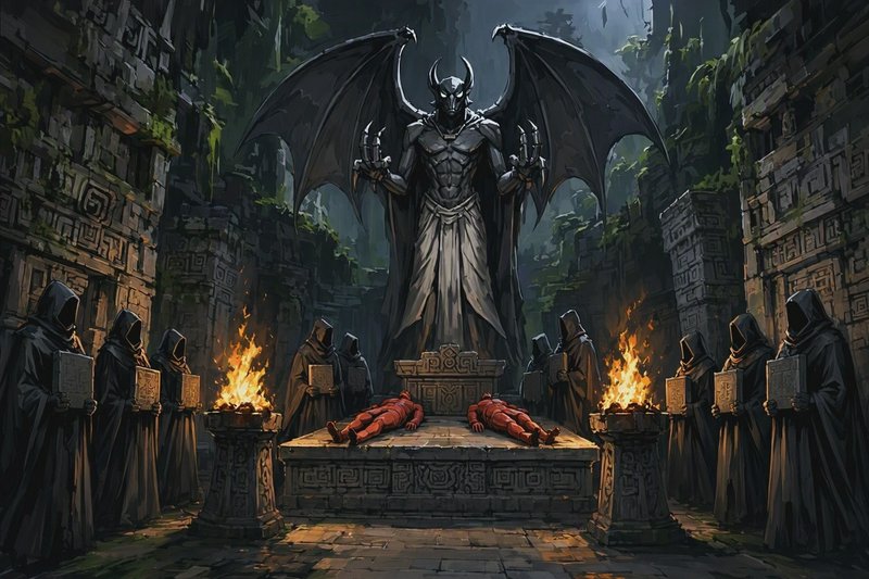 Hooded cultists conduct a sacrificial ritual before a giant winged demon statue in an overgrown a...