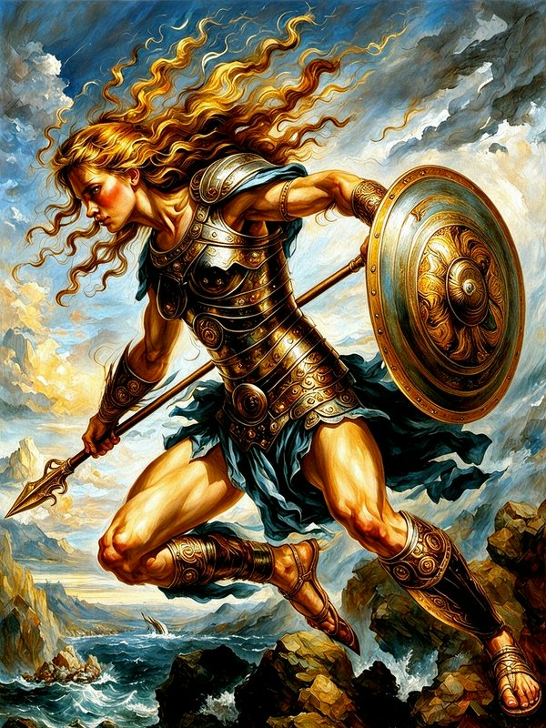 Greek war goddess Athena leaps above stormy coastal cliffs holding an ornate spear and round shield