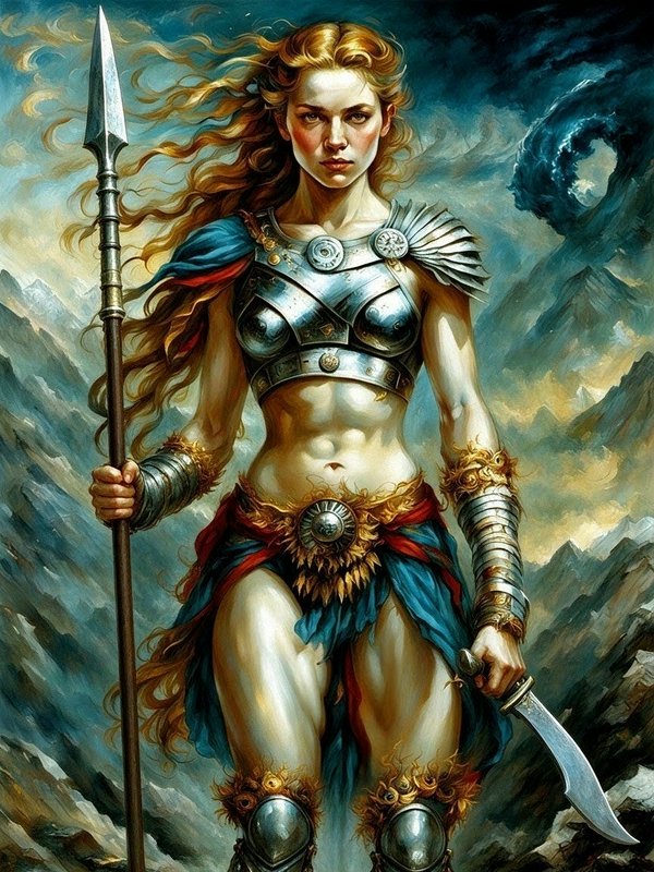 Muscular armored female warrior holds a spear and sword while standing before a stormy mountain f...