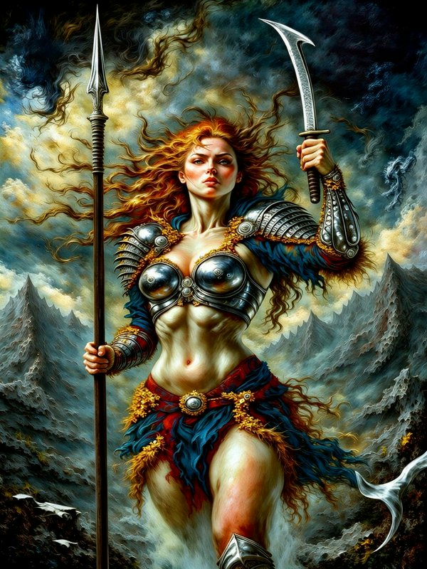 Fiery red haired female fantasy warrior holding a spear and curved sword against stormy mountain ...