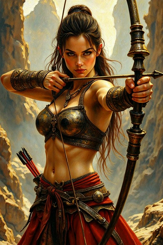 Female fantasy archer draws an ornate bow while standing in a sunlit rocky mountain canyon