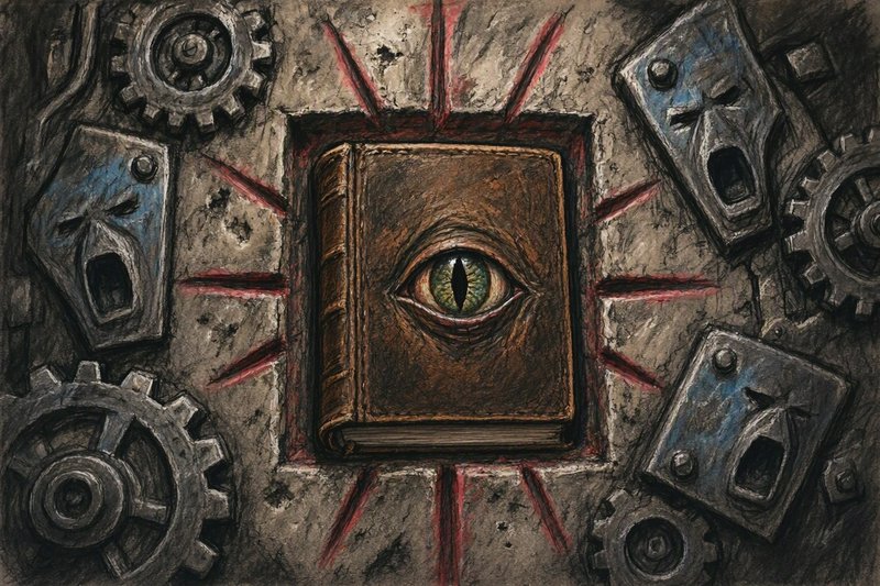 Old leather spellbook with an all-seeing reptilian eye framed by gears and eerie metal mask faces