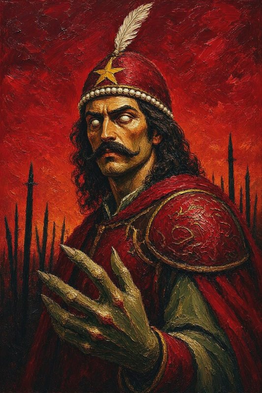 Undead Vlad the Impaler portrait in a feathered helmet against a fiery red spiked battlefield bac...