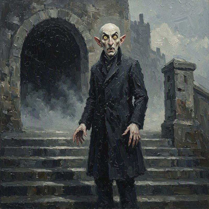 Impasto oil painting of classic Nosferatu vampire standing on stone castle entrance steps