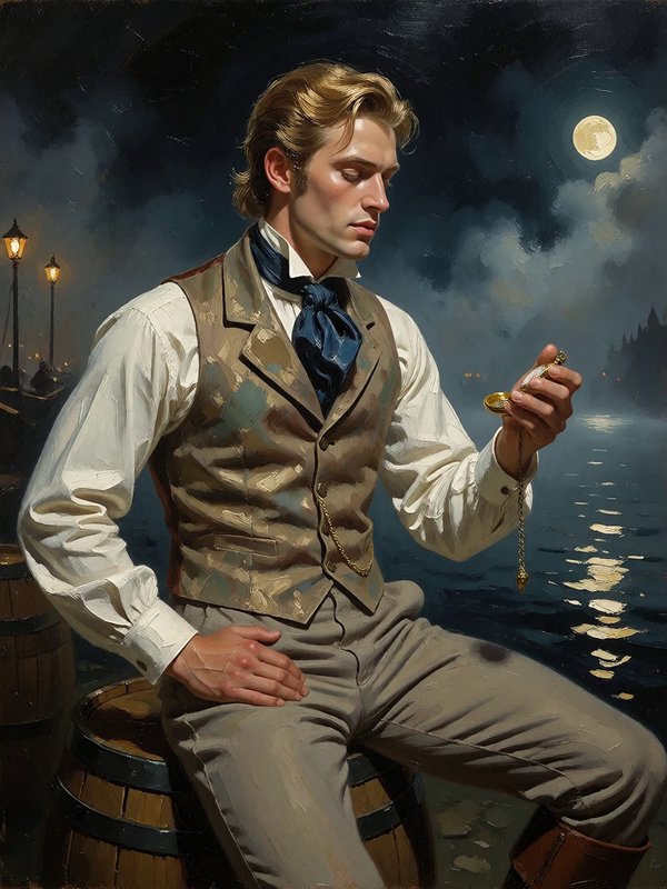Victorian gentleman sitting on a dock barrel checks his pocket watch under a full moon