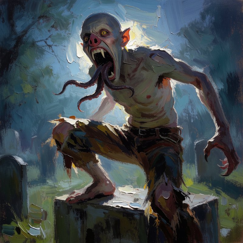 Grotesque fanged undead monster with tentacle tongue perches on a gravestone in a misty cemetery