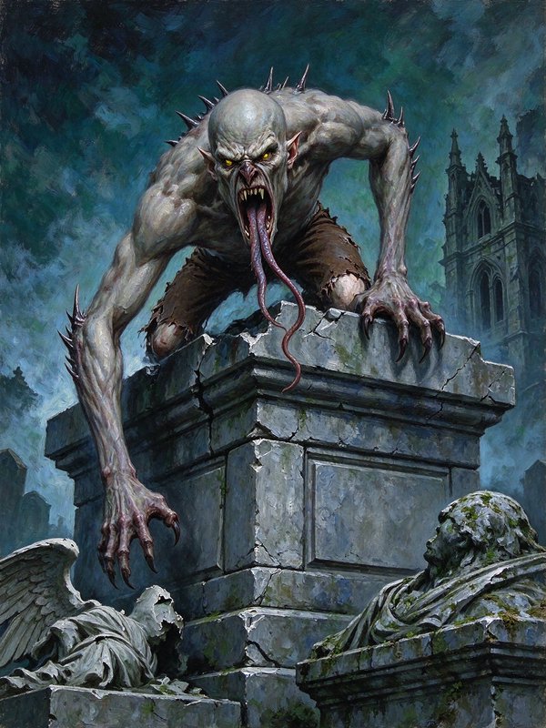 Emaciated spiked grave demon with a long tongue perches on a broken tomb in a misty gothic cemetery