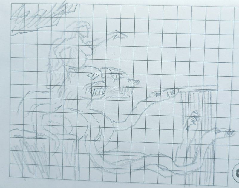 Rough pencil sketch of a snarling two-headed monster creature drawn on grid graph paper