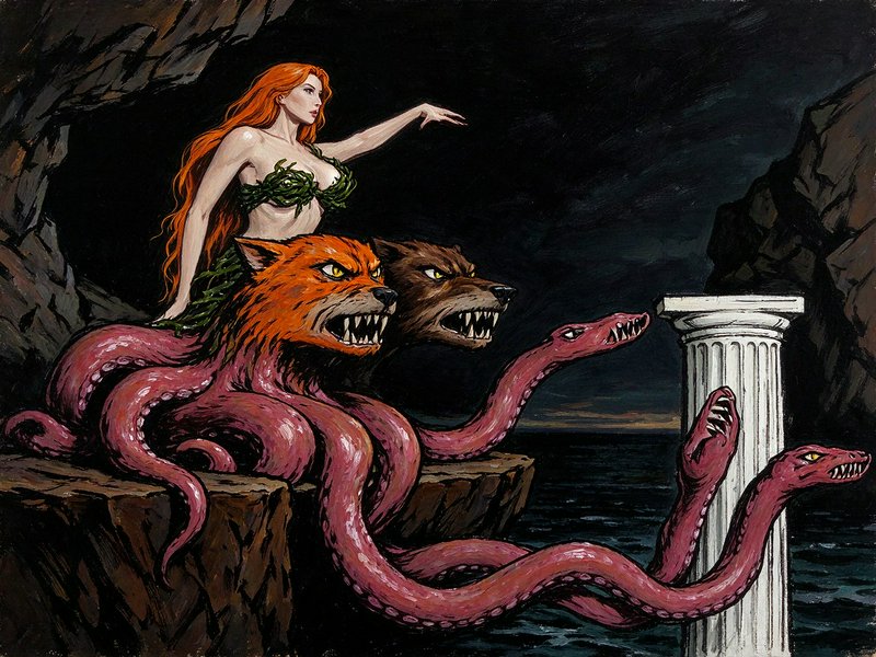Red-haired sorceress Circe gestures from the back of a multi-headed hybrid sea monster perched on...